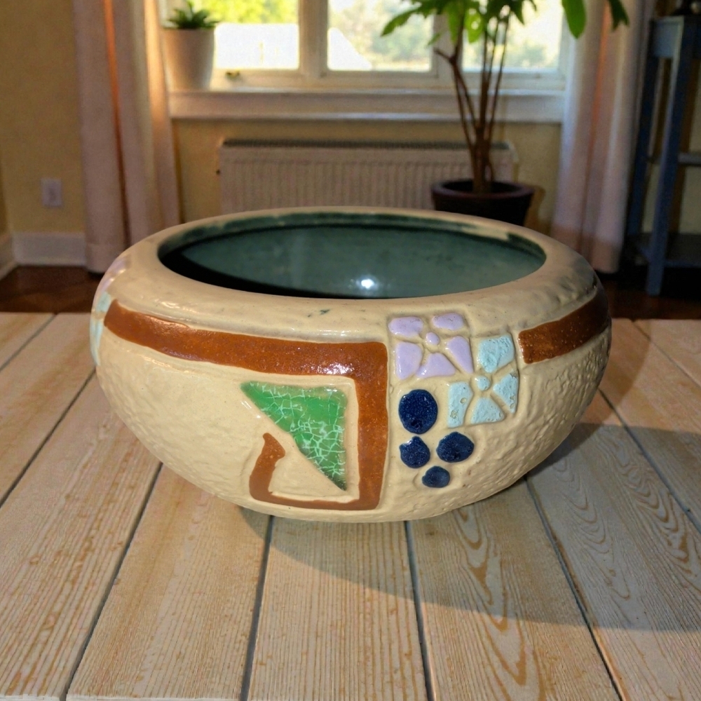 Roseville Mostique Tan Floral Vintage Ceramic Pottery Bowl/Planter - Nice Cond!